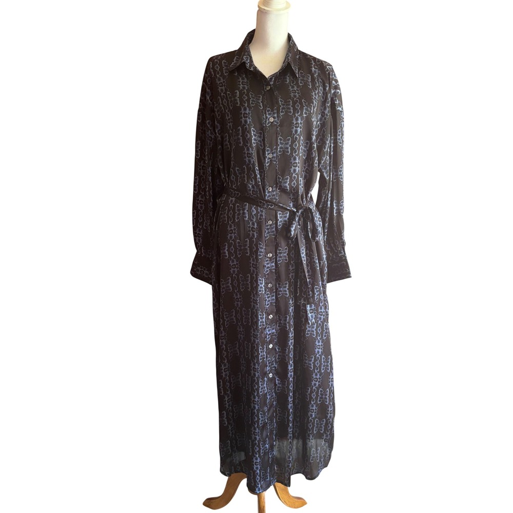 Banana Republic Blue Print Maxi Shirt Dress XL Quiet Luxury Office MInimalist